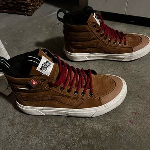 Tan and red suede vans hi tops